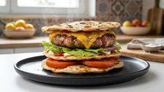 Piadaburger con salsiccia e cheddar in padella: croccante fuori, filante dentro